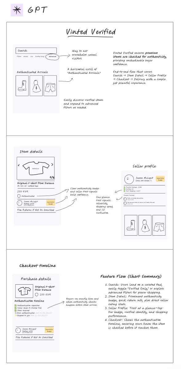 GPT-o1’s Vinted Verified wireframes