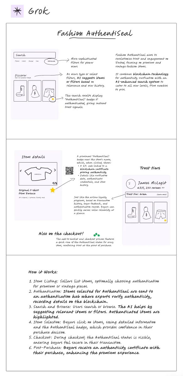 Grok’s Fashion AuthentiSeal wireframes