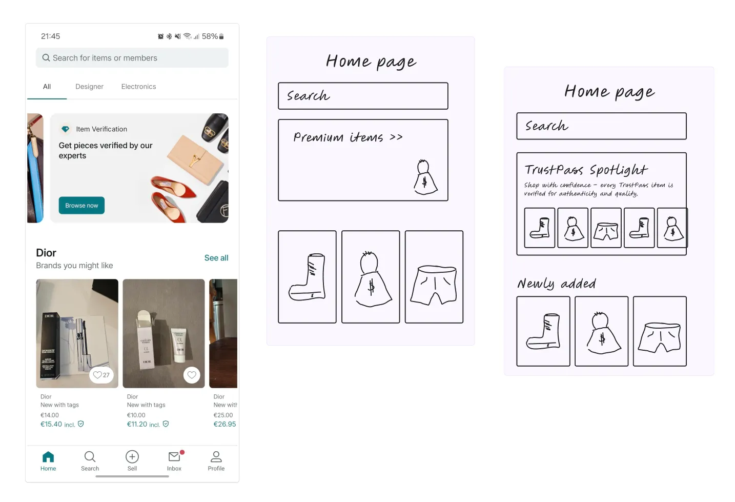 Comparison of Item Verification entry point in the Vinted app and on two wireframes based on AI work.