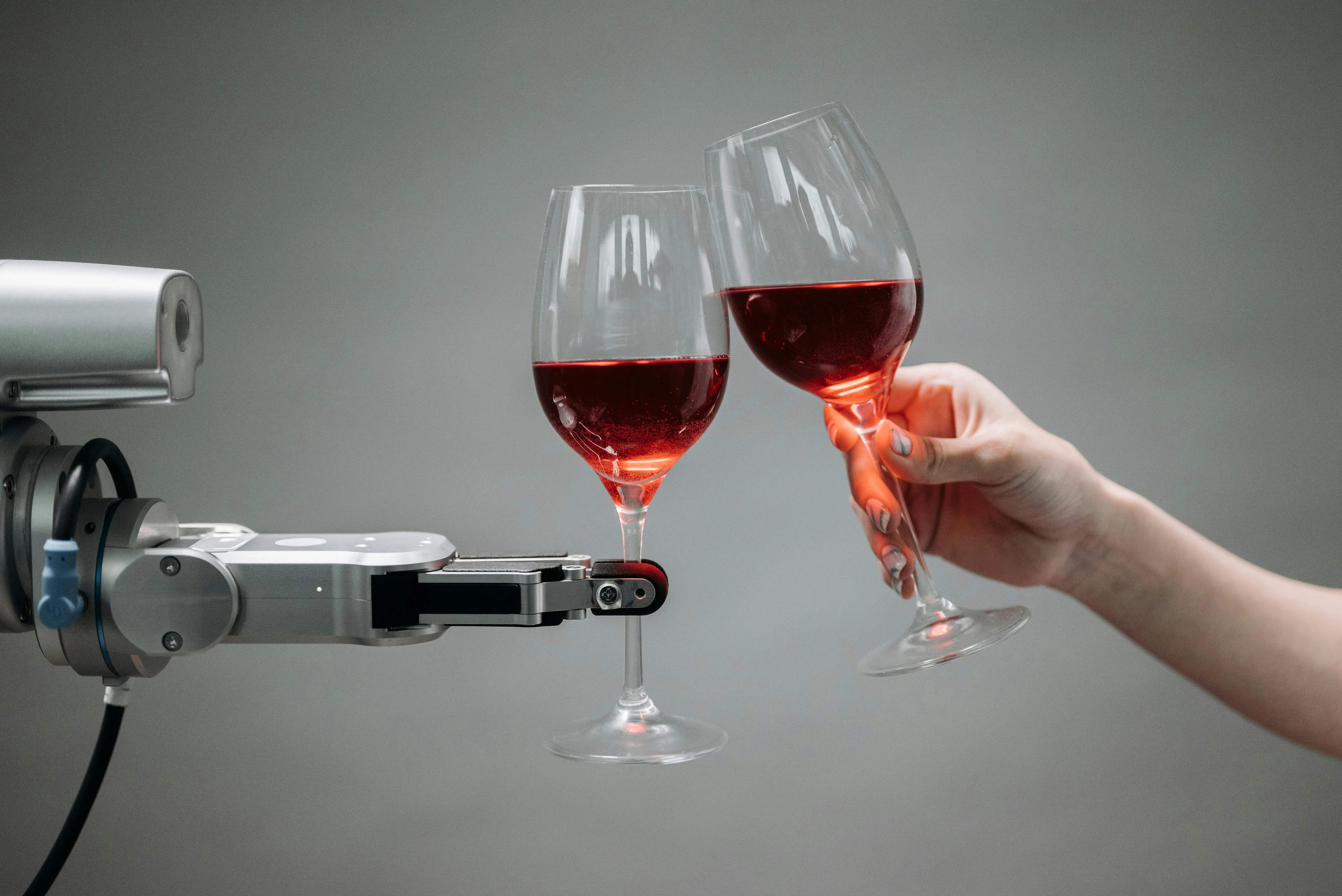 A human and a robot clinking wine glasses