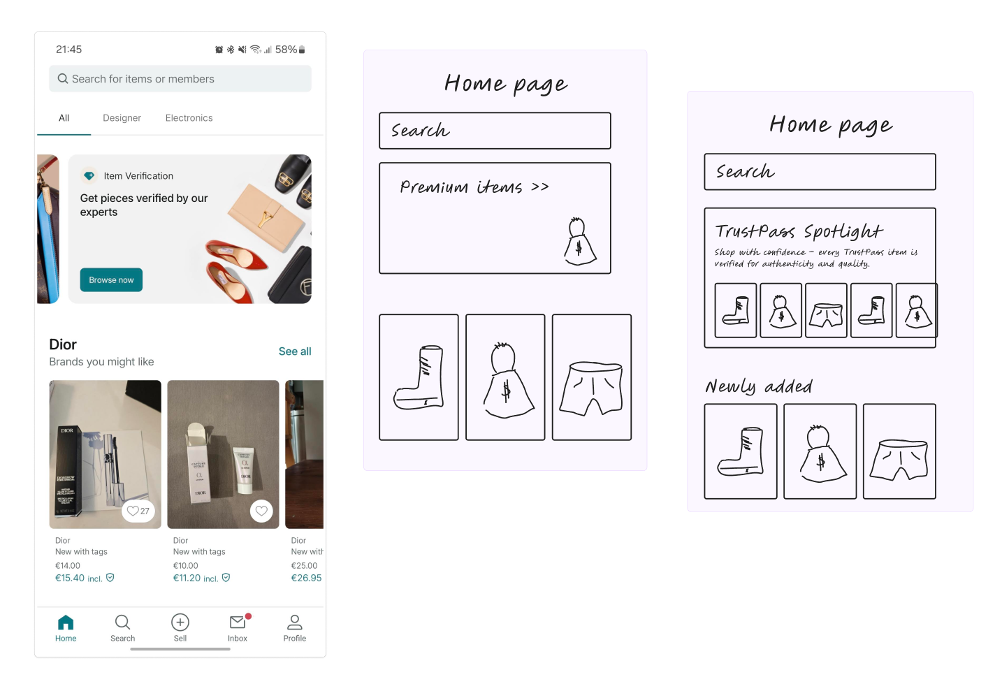 Comparison of Item Verification entry point in the Vinted app and on two wireframes based on AI work.